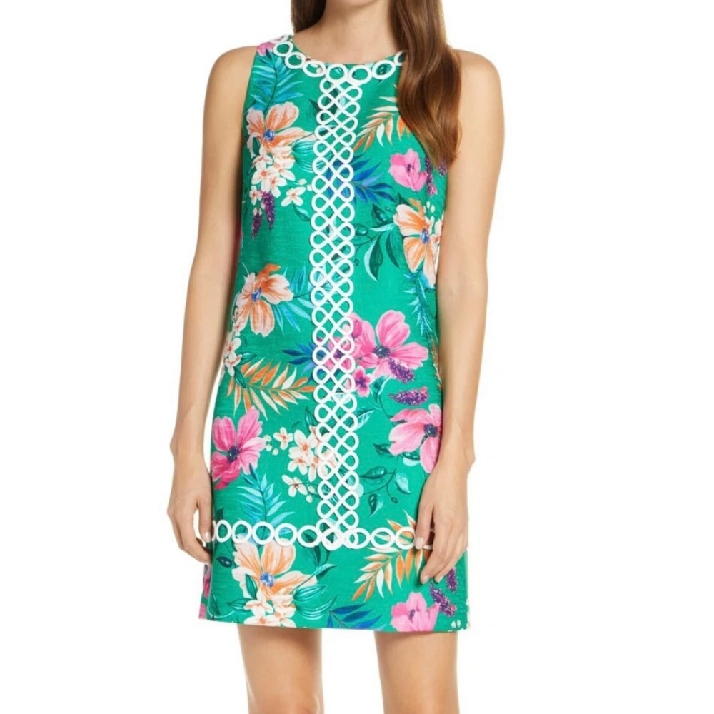 Eliza J Green Floral Shift Dress White Lace Women’s Size 6 Sleeveless Vibrant